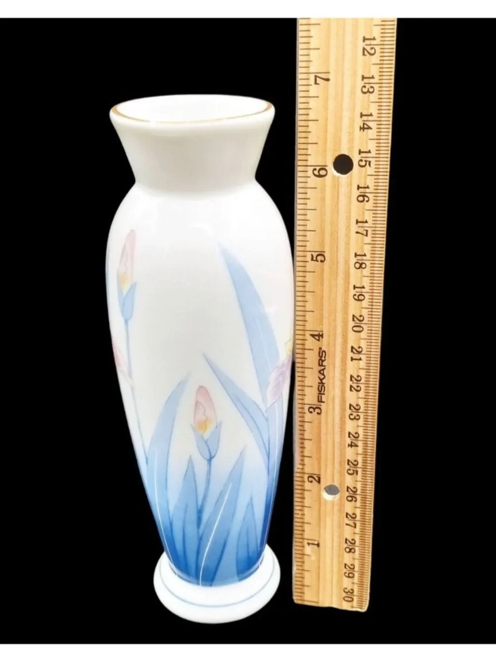 Japanese Porcelain Vase Vintage Kozan Gama Blue Iris Floral Gold Trim 6.75